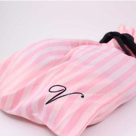 VICTORIA'S SECRET SIGNATURE SATIN SLIPPERS PINK STRIPE WITH FAUX FUR SLIPPER - Picture 5 of 13